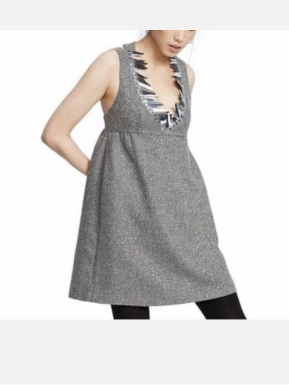 Anna Sui ,Gray Tweed Sleeveless, Metallic Detail Baby Doll Dress